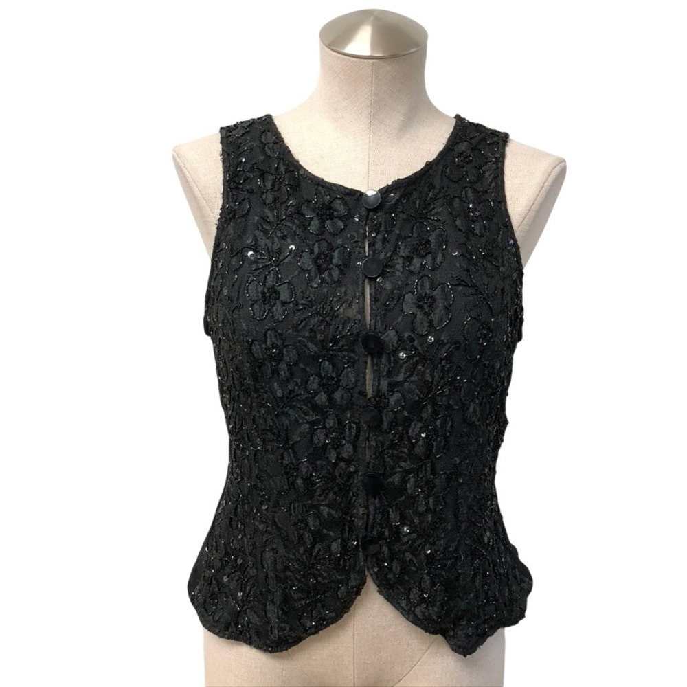 Giorgio Armani Vest Womens 12 Large Black Lace Beaded Sequin Button Front Italy